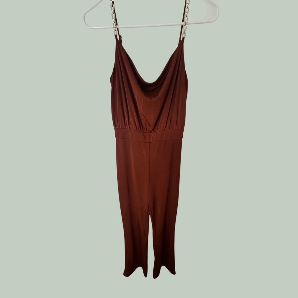 Jason Wu Rust Brown Cowl Neck Jumpsuit Rhinestone Chain Straps Womens XS